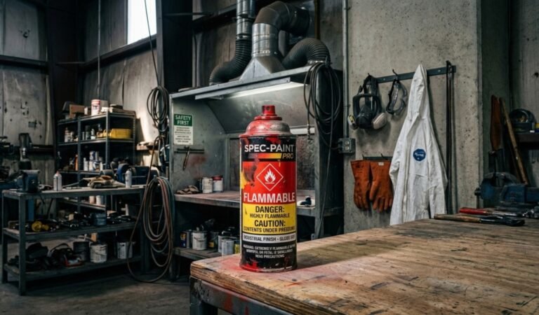 Aerosol spray paint mist particles releasing flammable vapors in a workspace