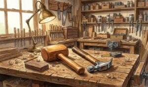 Mallet vs Hammer placed side by side on a wooden workbench in a workshop