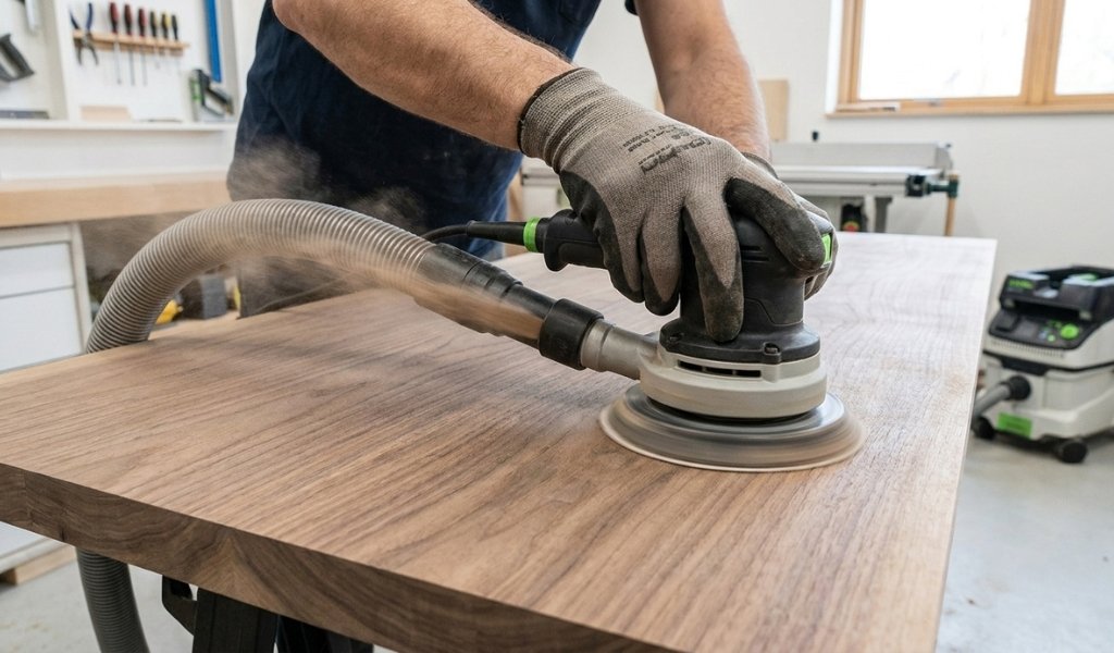 A woodworker flattening a solid wood panel using a power sander with integrated dust collection.