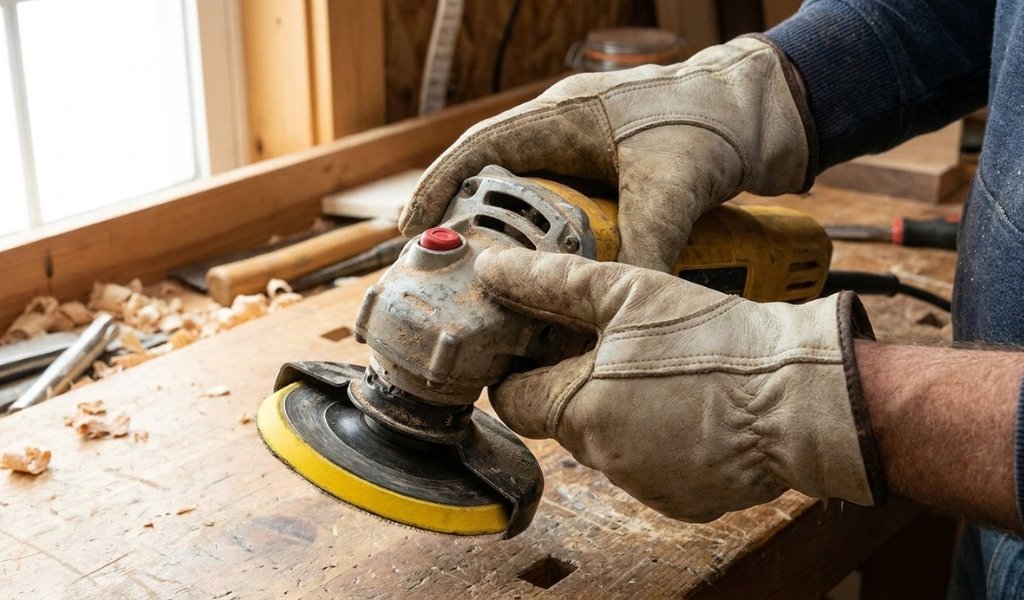 Safely mounting a threaded sanding pad adapter on an angle grinder spindle.