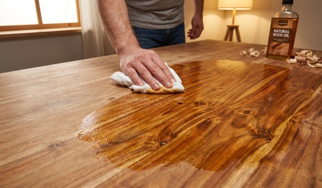 Hands applying protective wood oil onto a solid acacia dining table surface