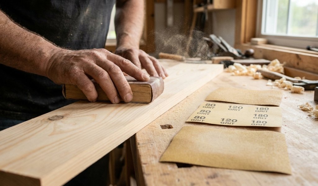 Step-by-step sandpaper grit progression sequence on a wood board showing 80 to 180 grit.