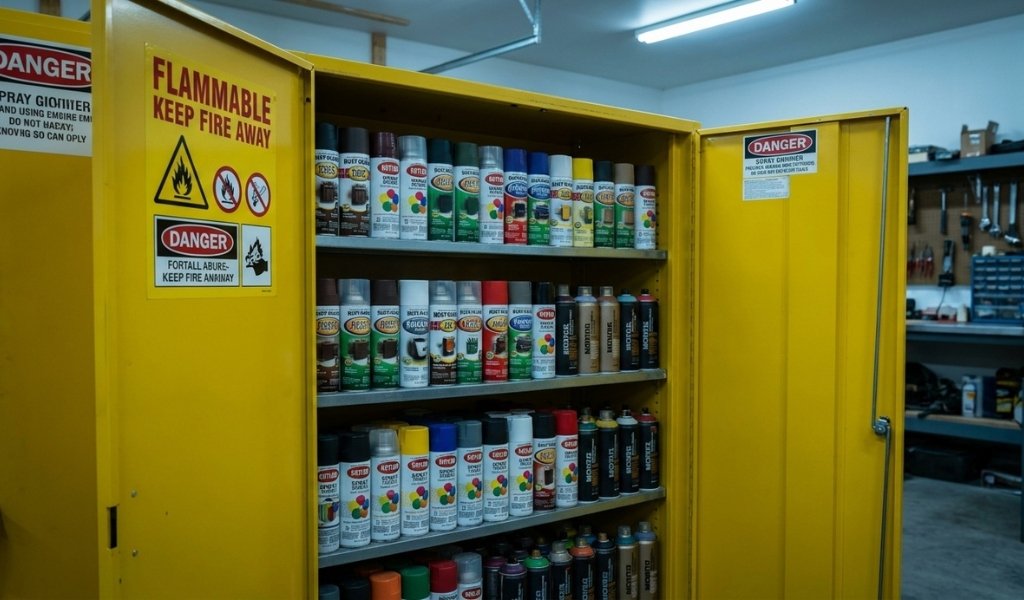 Multiple spray paint cans stored neatly inside a cool dry safety storage cabinet
