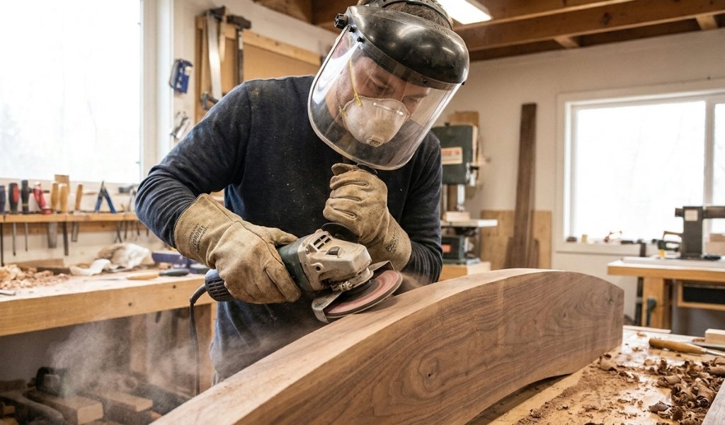 A woodworker wearing face shield safety gear while sanding wood with an angle grinder.