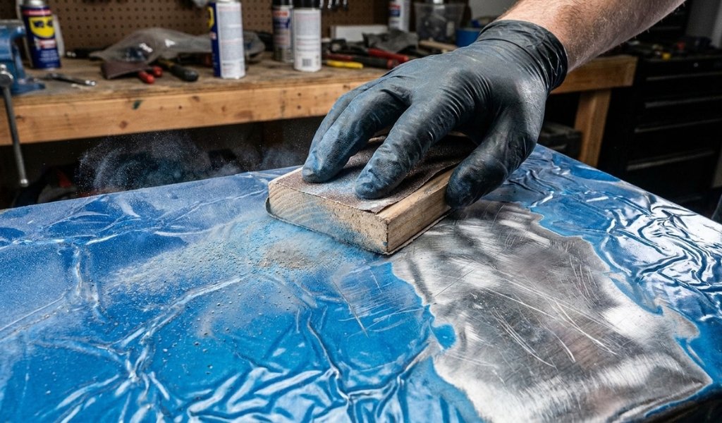 A person sanding down wrinkled spray paint with fine sandpaper