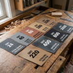 A complete sandpaper grit guide numbers chart laid out on a rustic wooden workbench.