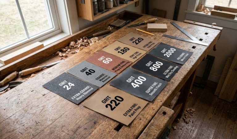 A complete sandpaper grit guide numbers chart laid out on a rustic wooden workbench.