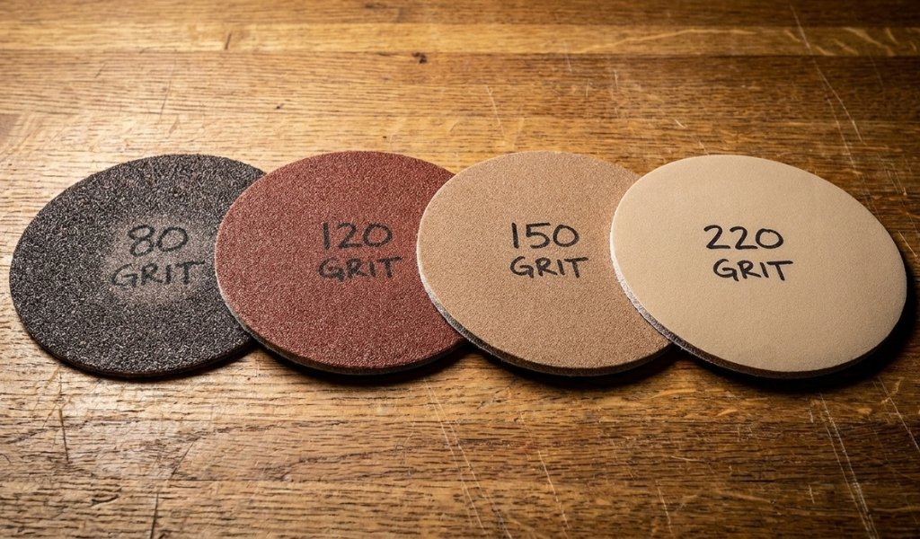 A proper sequence of 5-inch sanding discs showing 80, 120, 150, and 220 grit progressions for optimal wood finishes.