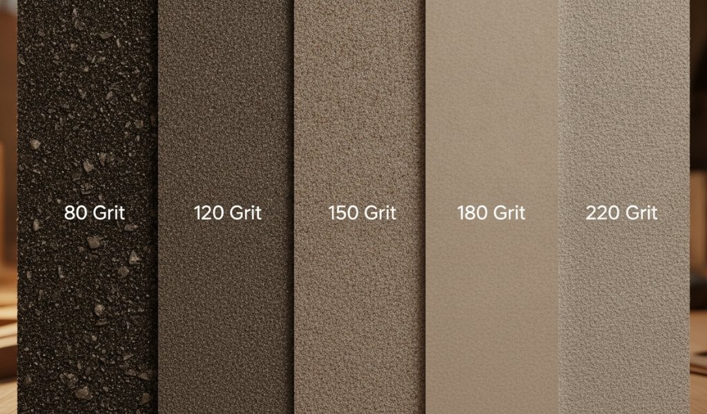 A sandpaper grit sequence progression chart displaying textures from coarse 80 grit to fine 220 grit side by side for wood projects.