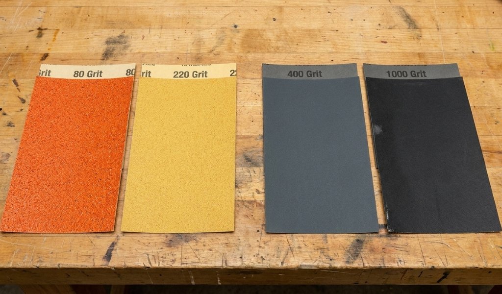 A visual comparison displaying aluminum oxide and garnet sandpapers next to black and dark gray silicon carbide wet/dry sandpapers.