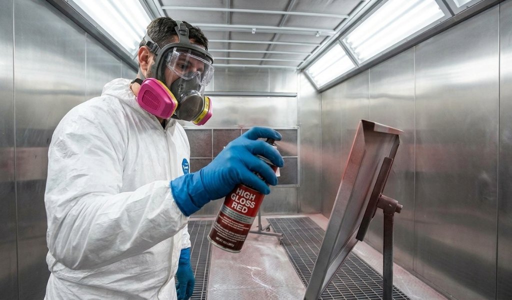 Painter wearing protective respirator mask and safety goggles in a well ventilated spray booth