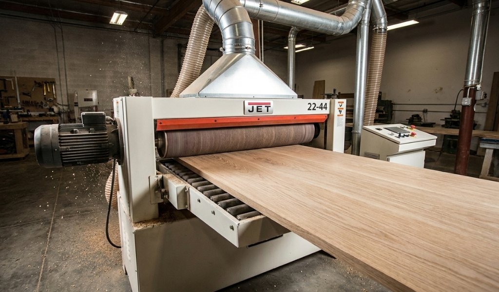 A large stationary drum sanding machine processing a wide wooden panel on a conveyor feed table