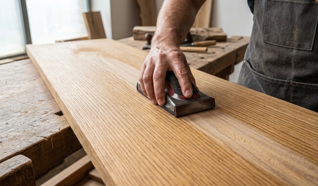 Demonstrating the technique of sanding wood parallel to the grain for a smooth finish.