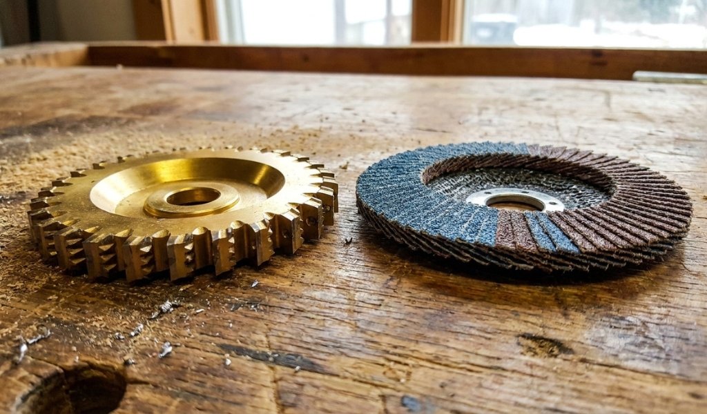 Comparison of a tungsten carbide wood shaping wheel and an abrasive flap disc for angle grinders.