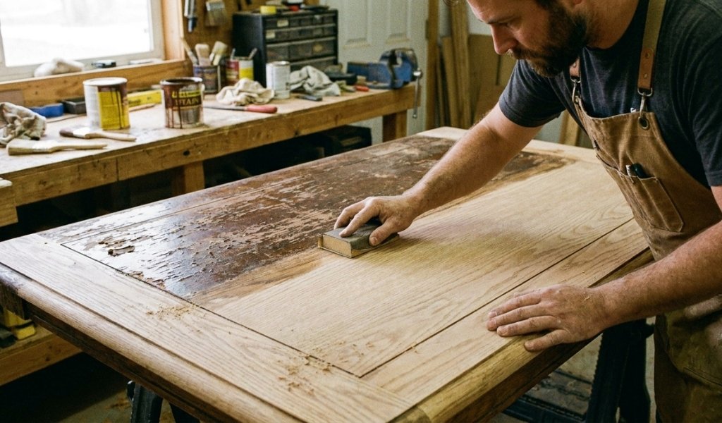 Following a chemical strip with fine-grit hand sanding to prepare the wood surface for a new stain