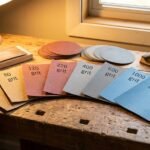Assorted sandpaper sheets in various grit sizes displayed on a workbench based on this sandpaper grit guide.