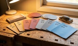 Assorted sandpaper sheets in various grit sizes displayed on a workbench based on this sandpaper grit guide.