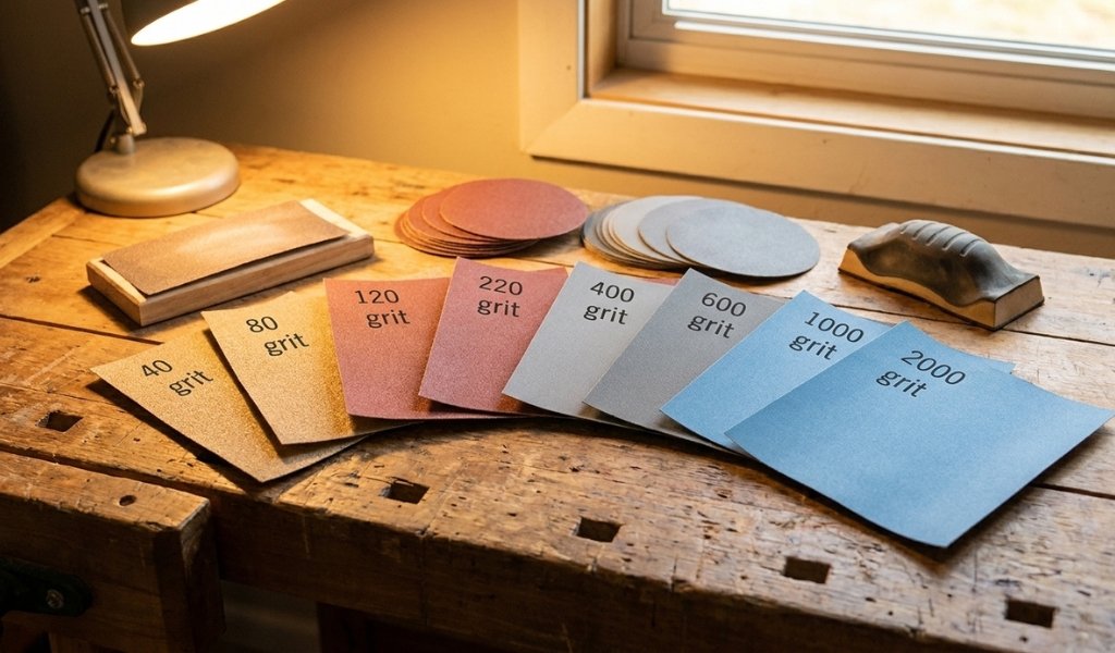 Assorted sandpaper sheets in various grit sizes displayed on a workbench based on this sandpaper grit guide.