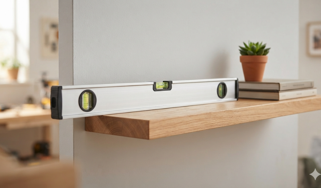 Close-up of a professional aluminium spirit level showing a perfectly centred bubble on a newly installed oak shelf, symbolizing DIY success.