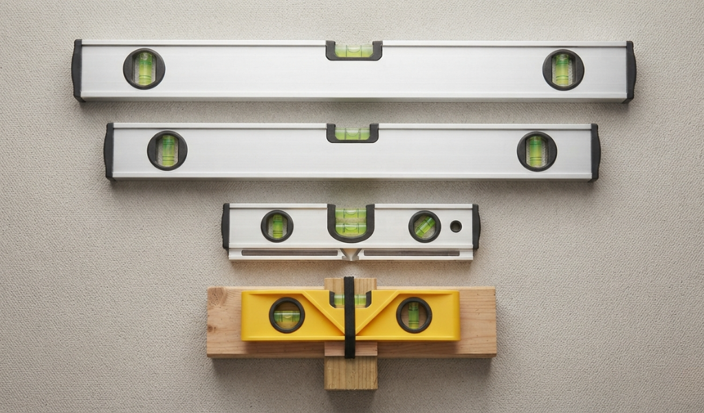 Flat-lay comparison of four essential spirit levels: 120cm box-beam, 60cm I-beam, magnetic torpedo, and a post level.