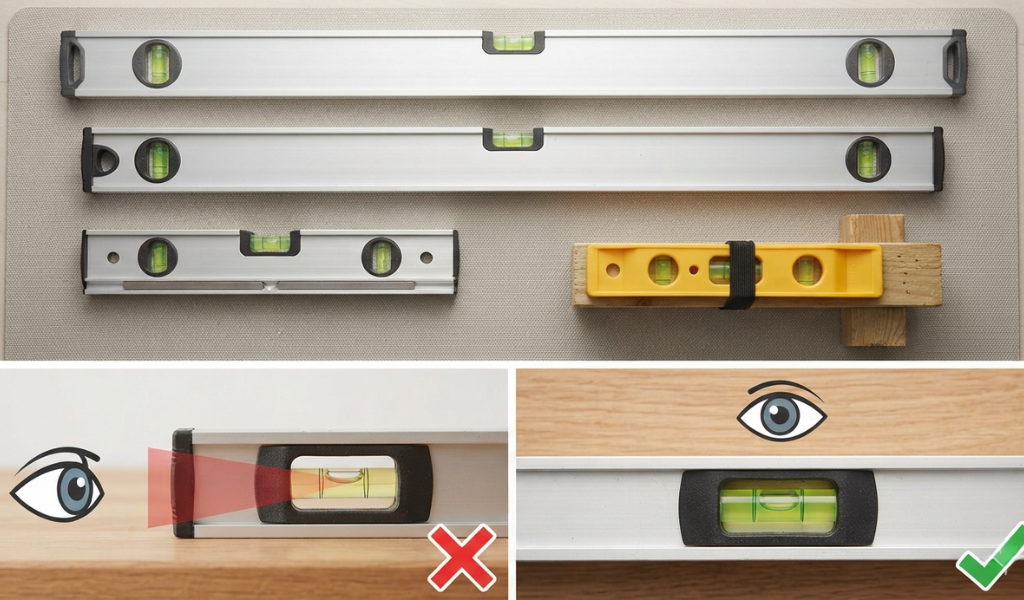 Educational comparison showing how viewing a spirit level vial from the side (left) causes parallax error, while viewing from directly above (right) gives an accurate reading.