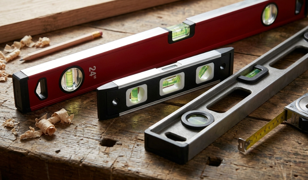 A collection of different spirit levels—box level, torpedo level, and scaffold level—laid out on a workshop bench with tools. A collection of different spirit levels—box level, torpedo level, and scaffold level—laid out on a workshop bench with tools.