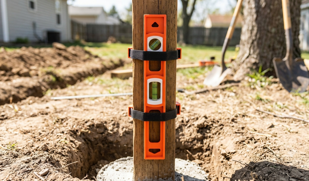 A bright orange post level strapped to a 4x4 wooden fence post, showing the centered vial checking for plumb during construction.