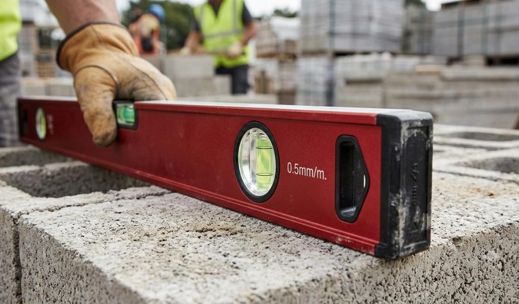 A rugged, red aluminum box beam level resting on concrete blocks, showing the rubber end caps and the 0.5mm/m accuracy marking.