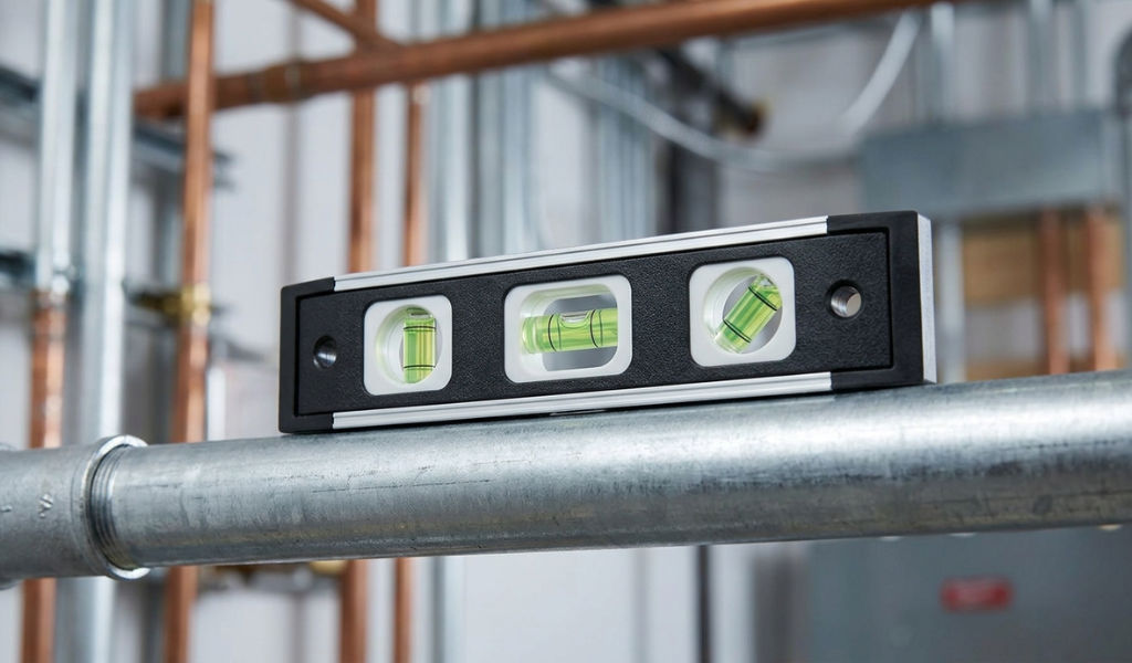 A magnetic torpedo level adhering to a vertical galvanized steel conduit pipe, showing the precise horizontal vial reading in a mechanical room