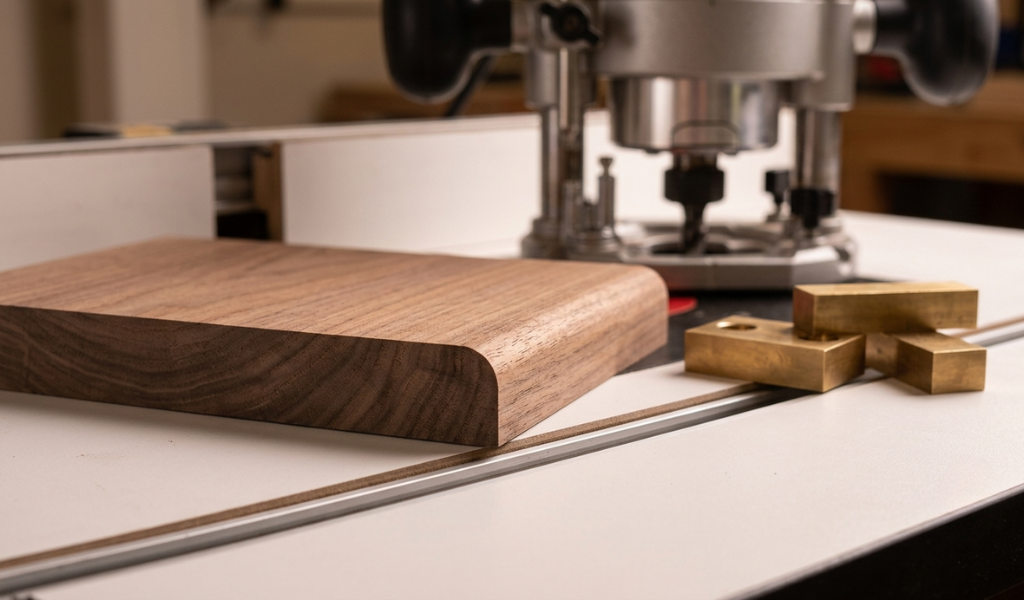 A flawless, smooth roundover profile cut into walnut wood, resting on a router table with setup blocks and a blurred router in the background, illustrating a 'perfect cut'.