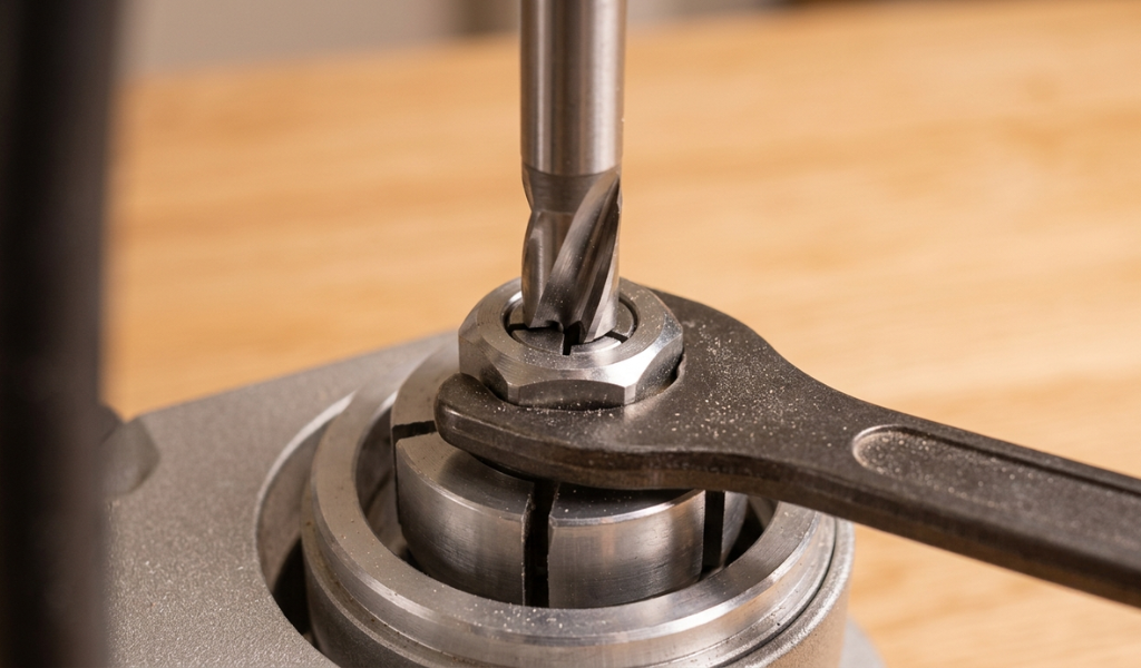 A detailed close-up of a 1/2-inch shank router bit inserted into a collet, showing the necessary 1/8-inch gap between the bit's transition and the collet face to ensure proper tightening.