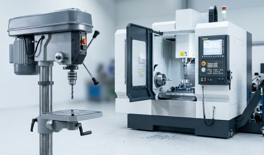A comparative shot of two static drilling machines: a grey manual bench drill press on the left, and a multi-axis CNC drilling center on the right, on a clean workshop floor.