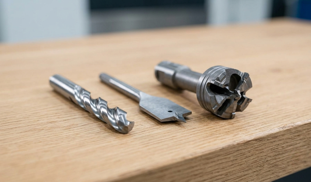 Close-up of three static drill bits resting on a light oak workbench: a twist drill, a spade drill, and a core drill, displaying their different cutting geometries.