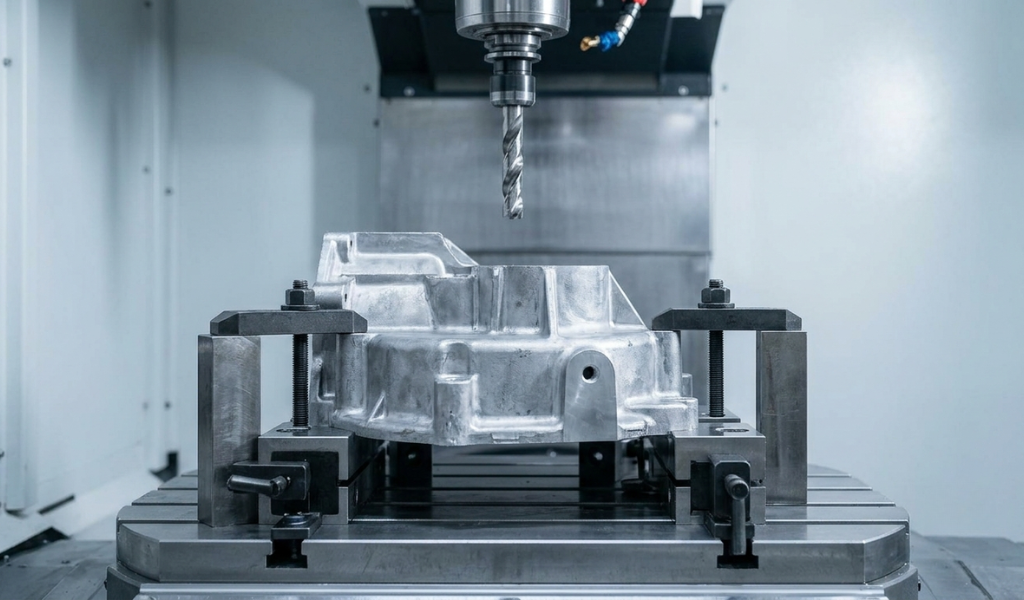 Close-up of a raw aluminum casting casting firmly secured by fixtures and clamps on the multi-axis table of a CNC drilling center, ready for machining.