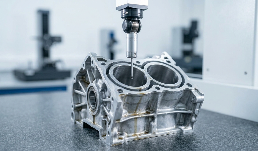 Close-up of a digital Coordinate Measuring Machine (CMM) probe measuring a drilled cylinder bore on a machined aluminum engine block, demonstrating precision quality control.