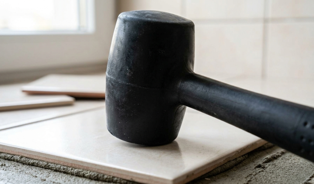 A detailed close-up shot focused on the head of a black rubber mallet striking a ceramic tile being pressed into mortar, demonstrating how the soft head applies force to tiles without marking or cracking them.