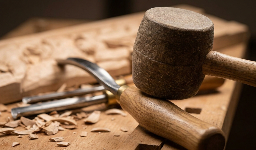 A close-up shot focused on the head of a cylindrical carver's mallet striking the wooden handle of a curved carving gouge, demonstrating the consistent strike required for detailed wood carving.