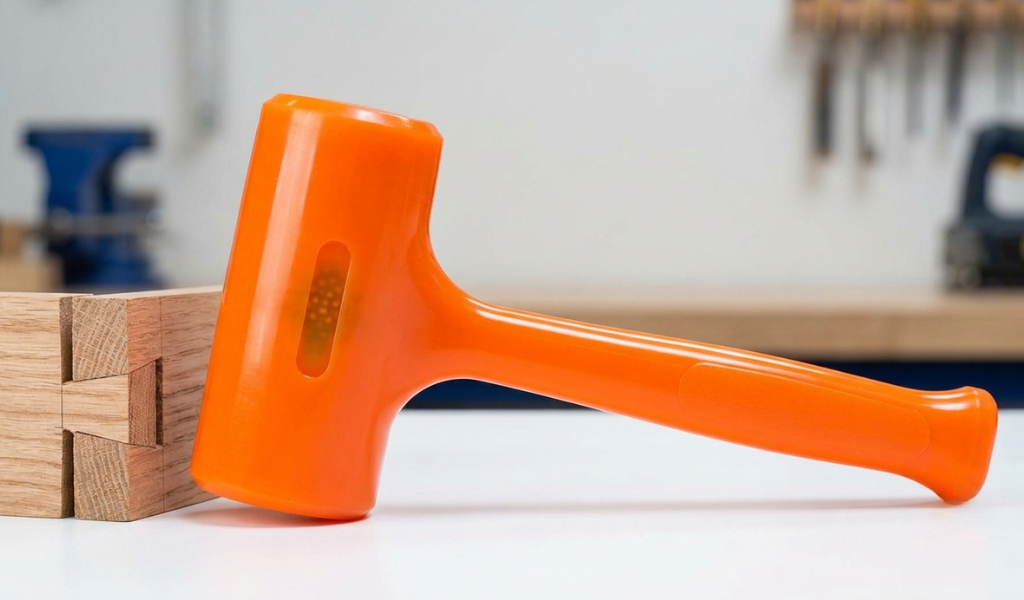 A high-resolution product photograph of a bright orange polyurethane-encased dead-blow mallet on a clean workshop surface, next to an intricate woodworking joint, highlighting the reflective polyurethane casing.
