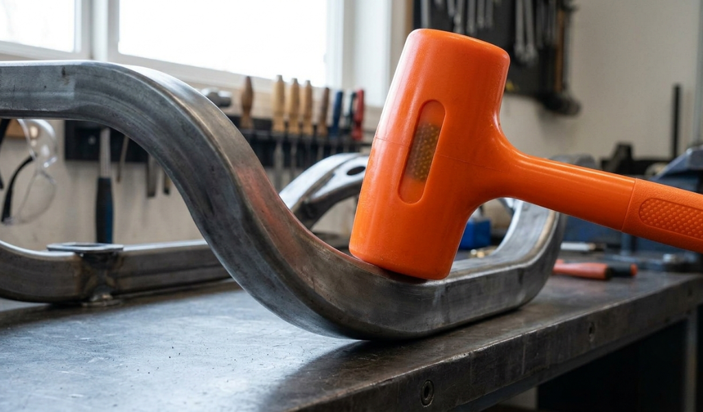 The orange polyurethane striking face of a dead-blow mallet head mid-swing toward the steel frame of an engine block, demonstrating power and controlled force without damage, with safety glasses nearby.