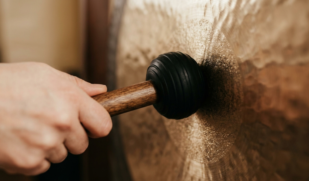Specialized gong friction mallet with a textured black caoutchouc head.