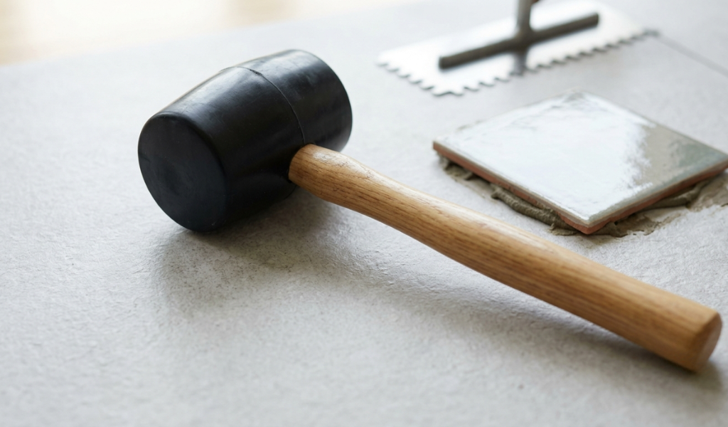 A black rubber mallet with a hickory handle on a textured tile surface.