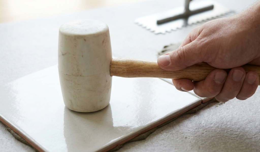White rubber mallet with a fiberglass handle, mid-strike, applying a controlled tap to a light-colored ceramic tile set in mortar.