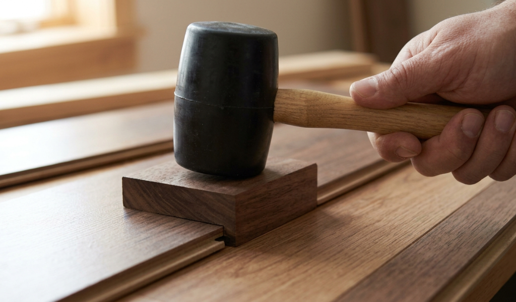 Black rubber mallet (with a fiberglass handle) striking the edge of a wooden tapping block.