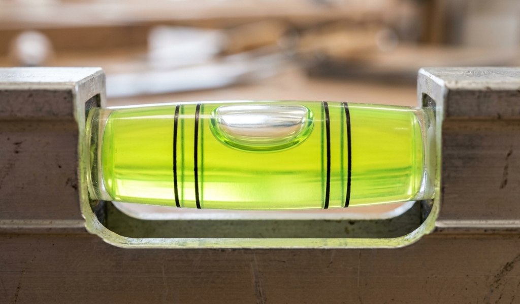Detailing the fluorescent green vial of a spirit level, showing the air bubble perfectly balanced between two black indicator lines.