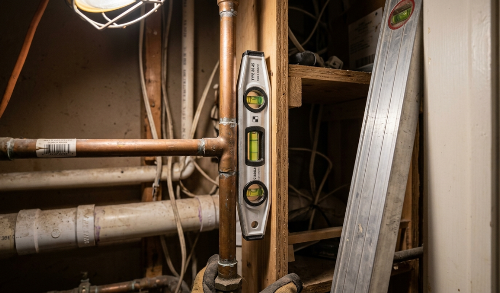 Compact torpedo level being used to check alignment in a tight space next to a copper pipe connection.