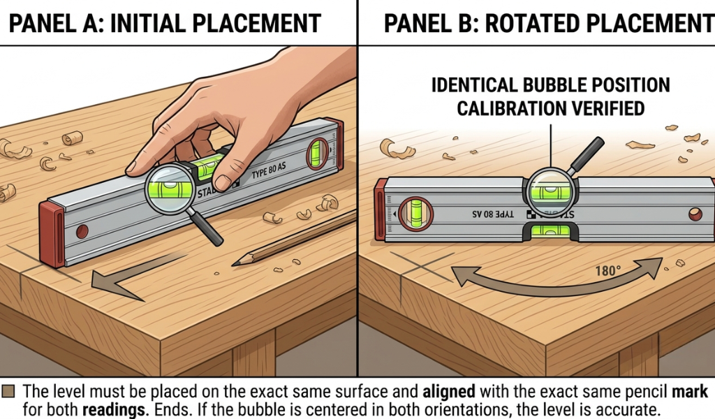 Two-panel demonstration graphic showing a spirit level being flipped 180 degrees on a marked line to verify its reading accuracy.