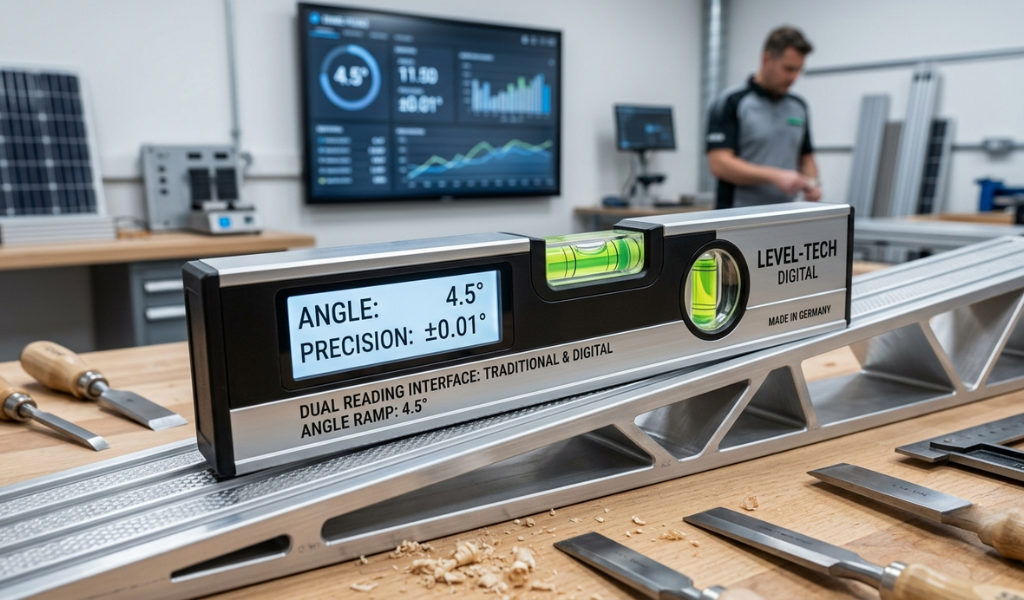 Modern digital level showing a physical green bubble vial alongside an active LCD screen displaying an exact slope measurement in degrees.