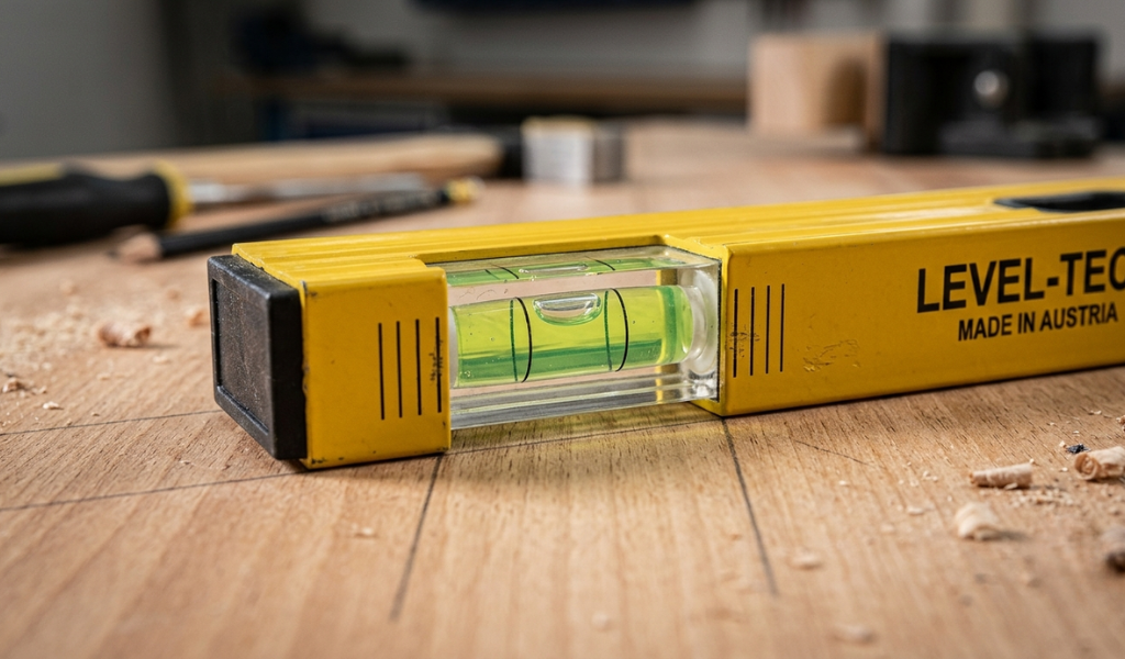 Yellow spirit level vial showing the air bubble drifting to the left side of the marked indicator lines.