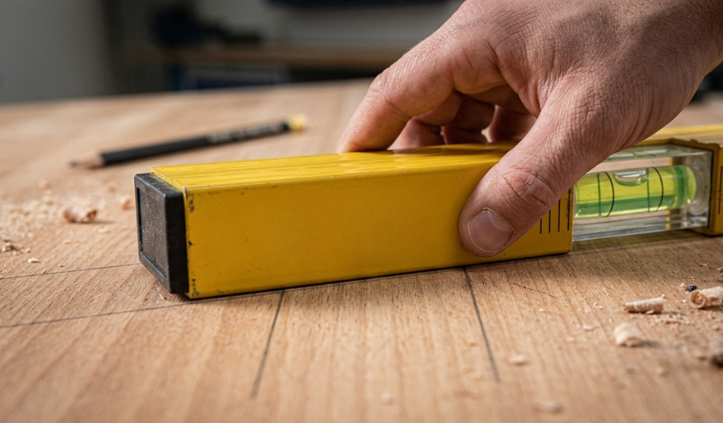 Spirit level 180 degrees end-to-end onto existing pencil alignment marks.