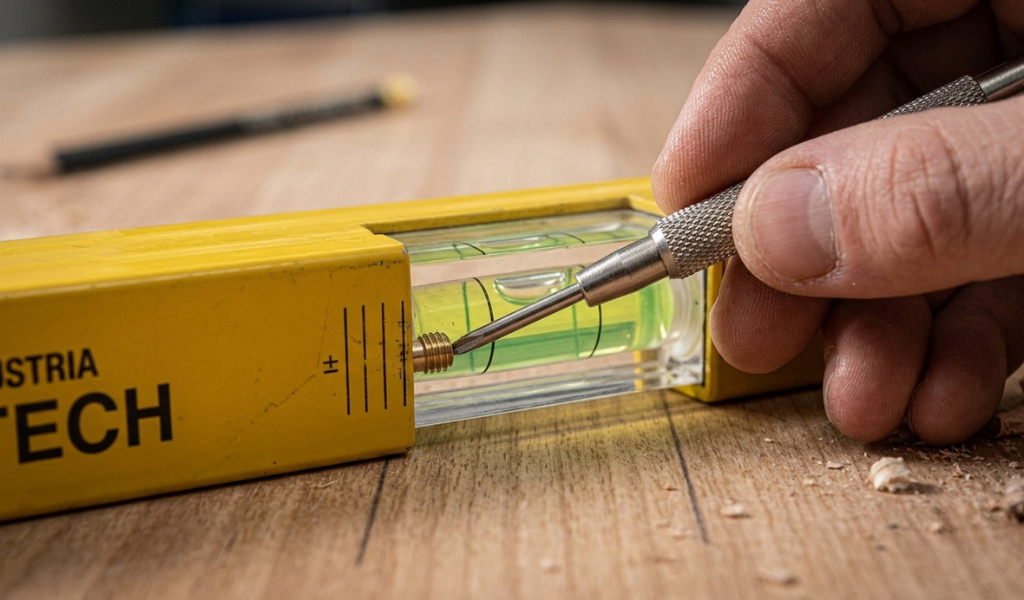A precision screwdriver adjusting the calibration screw next to a spirit level vial.